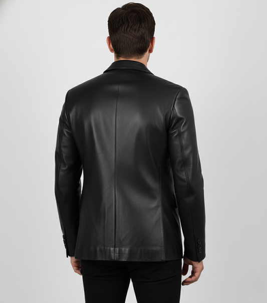 Men's Black Leather Blazer Real Lambskin Formal Coat - Back View