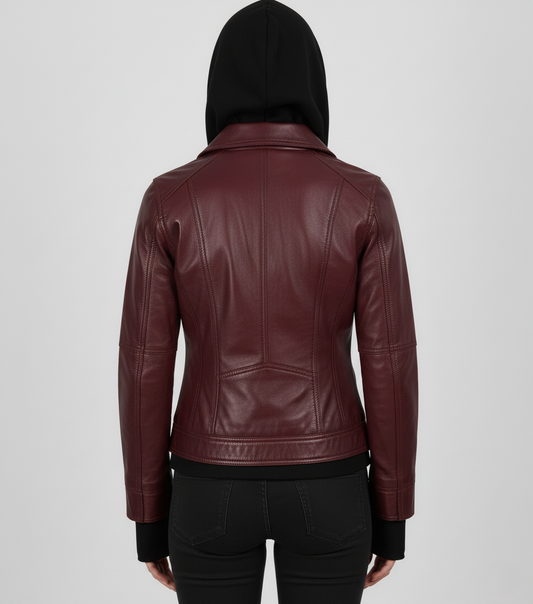 Womens Burgundy Leather Bomber Jacket - Back View