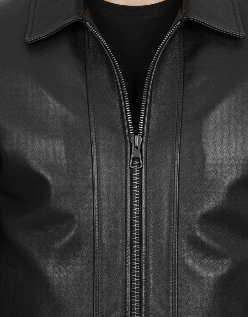 Mens Black Harrington Genuine Leather Jacket - Collar Detail