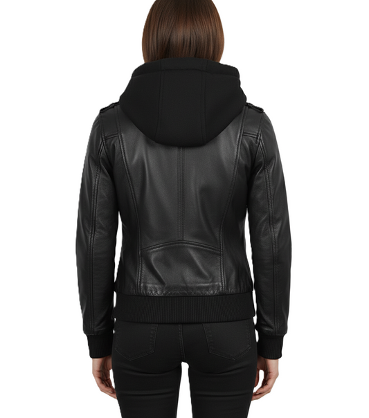 Womens Black Hooded Leather Jacket Removable Hood - Back View