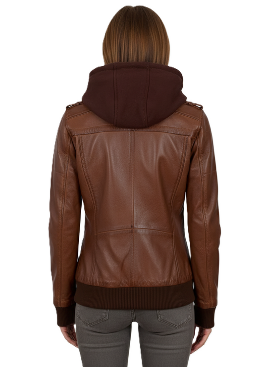 Womens Cognac Brown Leather Bomber Jacket - Back View