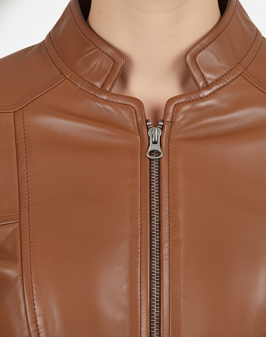 Womens Tan Cafe Racer Leather Jacket - Full Look