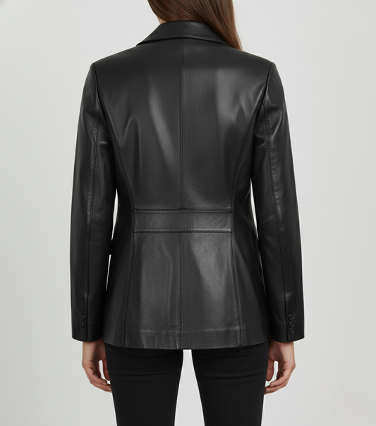Handmade Womens Black Leather Blazer - Back View