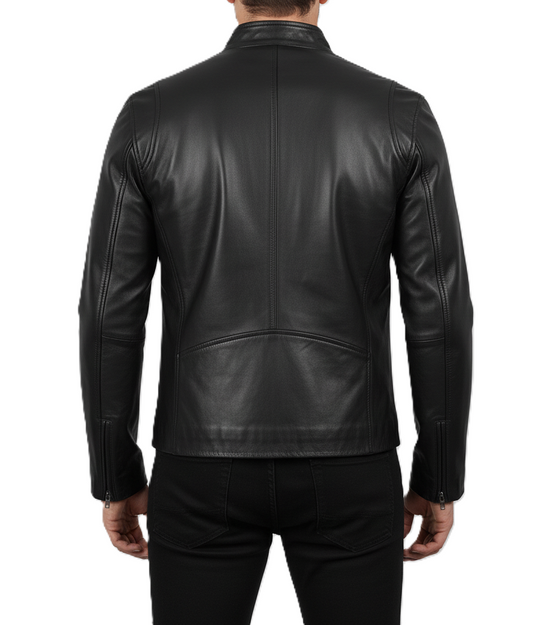 Mens Black Biker Style Leather Jacket - Back View