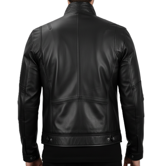 Mens Black Cafe Racer Leather Jacket - Back View