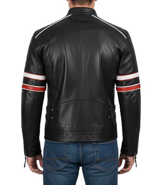 Mens Black Cafe Racer with Red and White Stripes - Back View