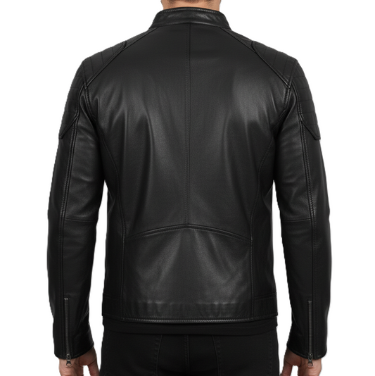 Mens Black Lambskin Cafe Racer Jacket - Back View