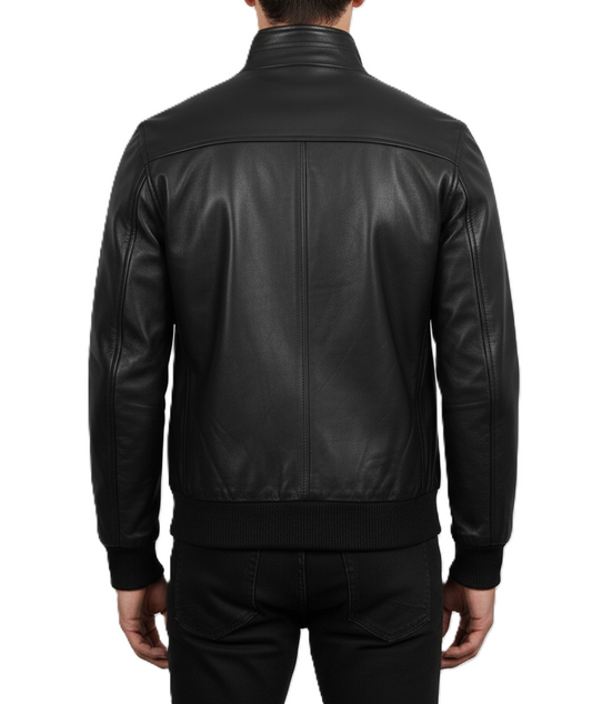 Mens Black Lambskin Leather Bomber Jacket - Back View