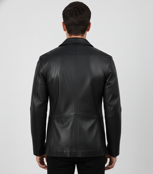 Mens Black Leather Blazer Everyday Coat - back View