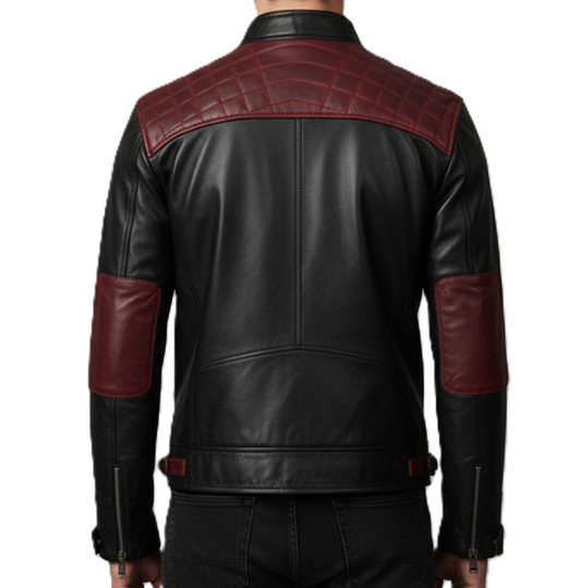 Mens Black and Red Cafe Racer Leather Jacket - Back View