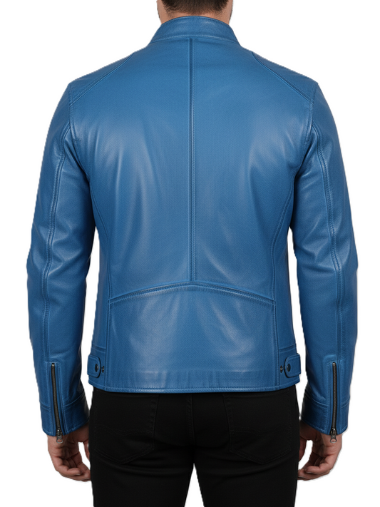 Mens Blue Leather Biker Style Jacket - Back View