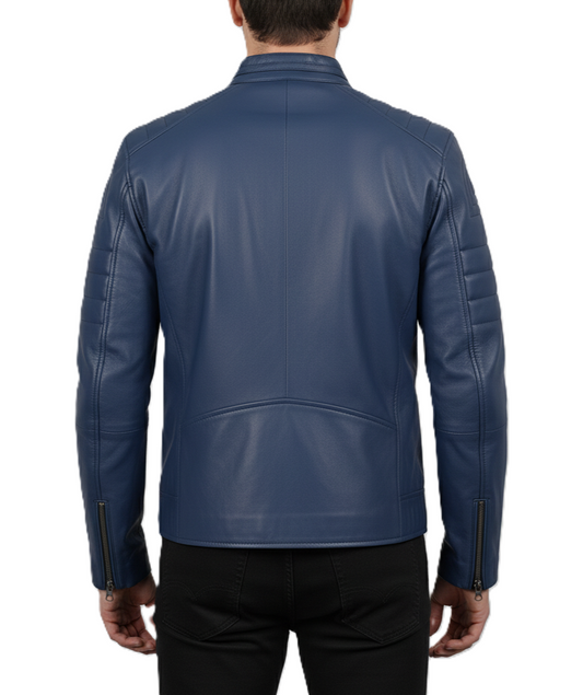 Mens Blue Leather Motorcycle Jacket with Padding - Back View