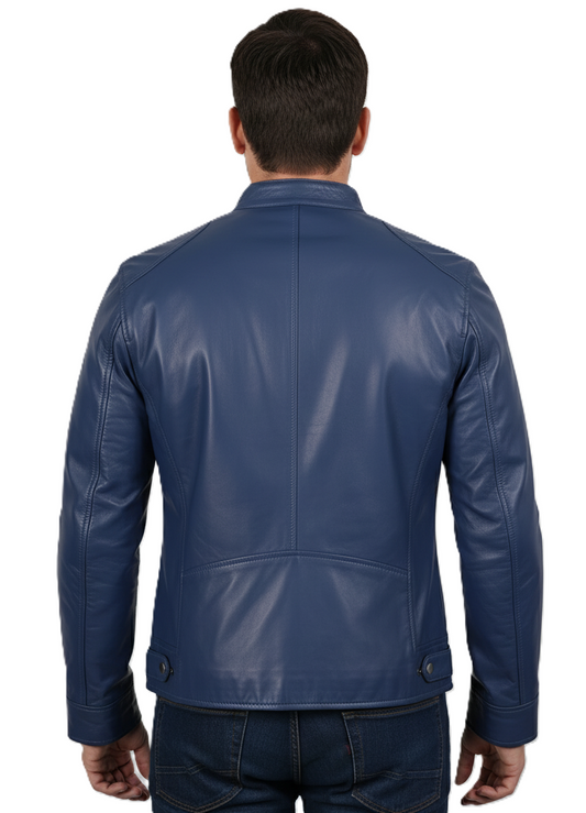 Mens Blue Leather Racer Jacket Slim Fit - Back View