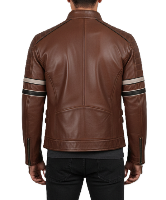 Mens Brown Leather Biker Jacket with Stripes - Back View