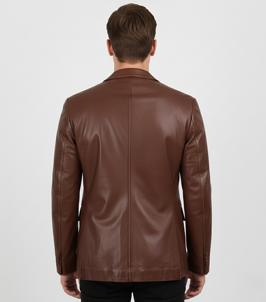 Mens Brown Leather Blazer Tailored Fit Coat - back View