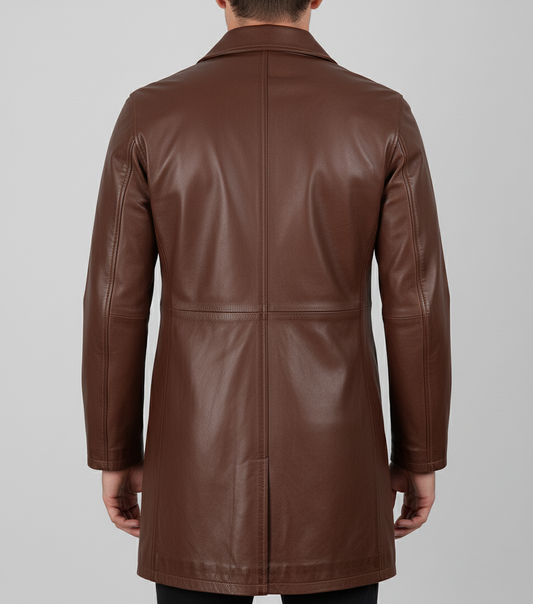 Mens Brown Leather Trench Coat - Back View