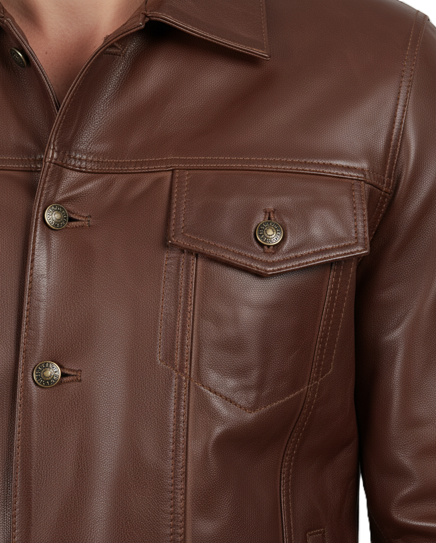 Men's Brown Vintage Biker Leather Trucker Jacket - Full Look