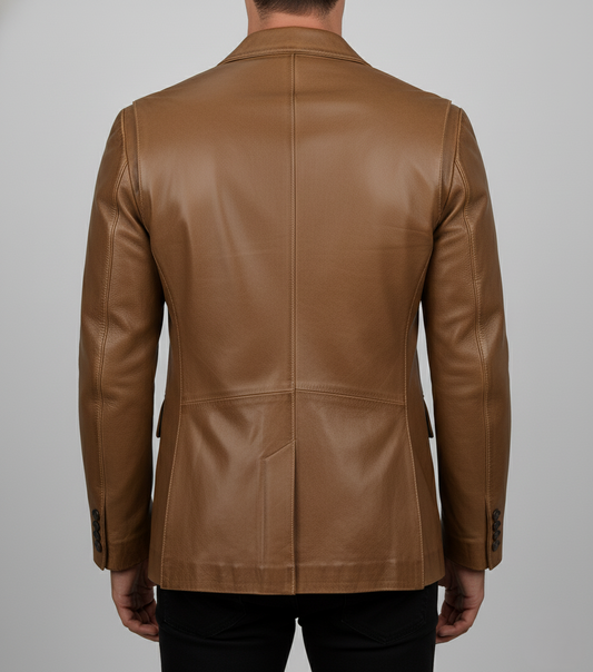 Mens Brown Waxed Leather Blazer Handmade Coat - back View