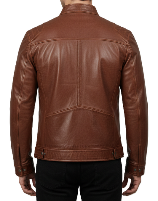 Mens Brown Waxed Leather Motorbike Jacket - Back View