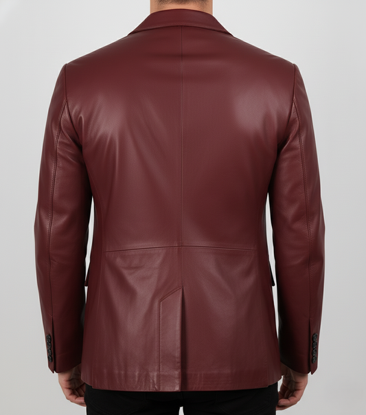 Mens Burgundy Leather Blazer Handmade Coat - Back View