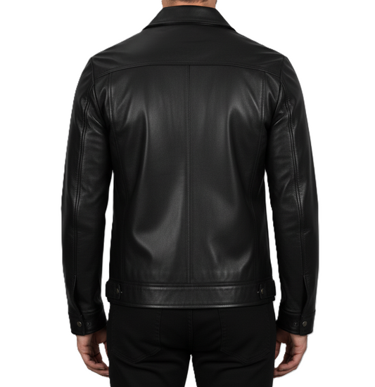 Mens Classic Black Leather Harrington Jacket - Back View