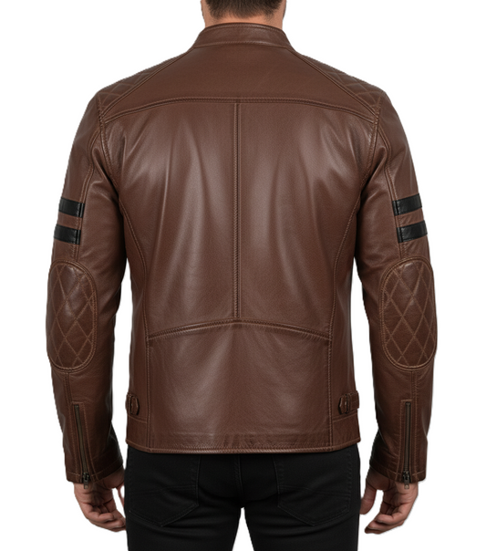 Mens Cognac Lambskin Biker Leather Jacket with Black Stripes - Back View