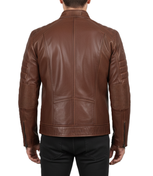 Mens Cognac Waxed Leather Biker Jacket - Back View