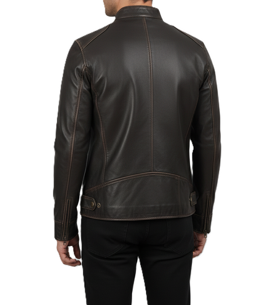 Mens Dark Brown Leather Biker Jacket - Back View