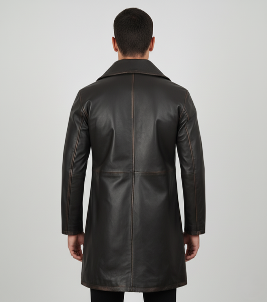 Mens Dark Brown Leather Long Coat - Back View