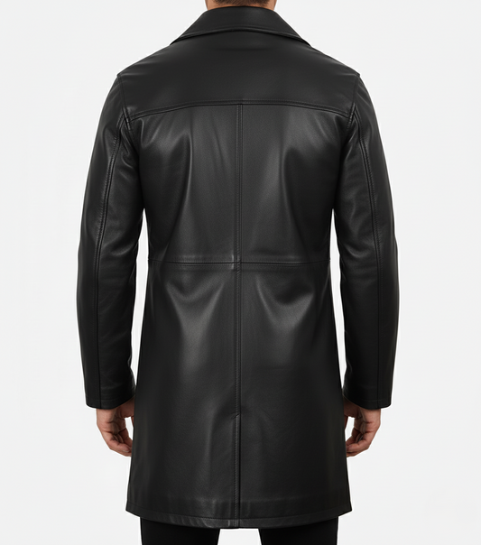 Mens Handmade Black Leather Trench Coat - Back View