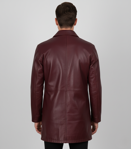 Mens Maroon Leather Trench Coat - Back View