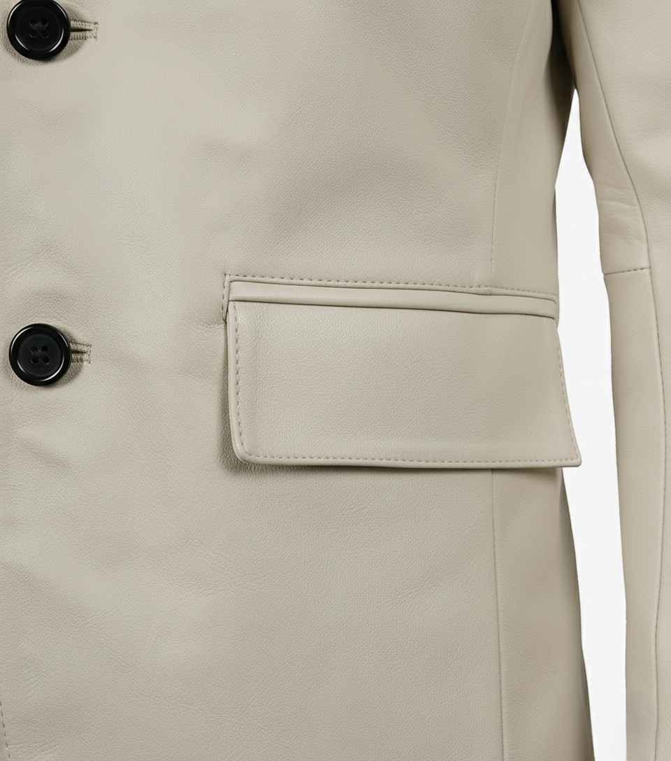 Mens Off White Leather Blazer Genuine Lambskin - detailed View