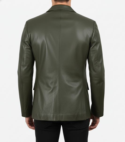 Mens Olive Green Leather Blazer Handmade Coat - back View