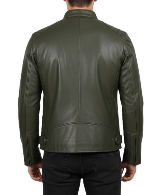 Mens Olive Green Real Leather Cafe Jacket - Back View