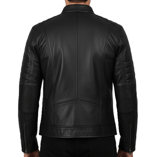 Mens Premium Black Motorbike Leather Jacket - Back View