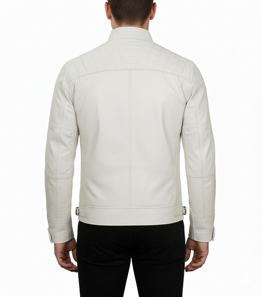 Mens White Cafe Racer Leather Jacket - Back View