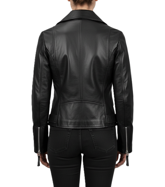 Womens Black Asymmetrical Leather Biker Jacket - Back View