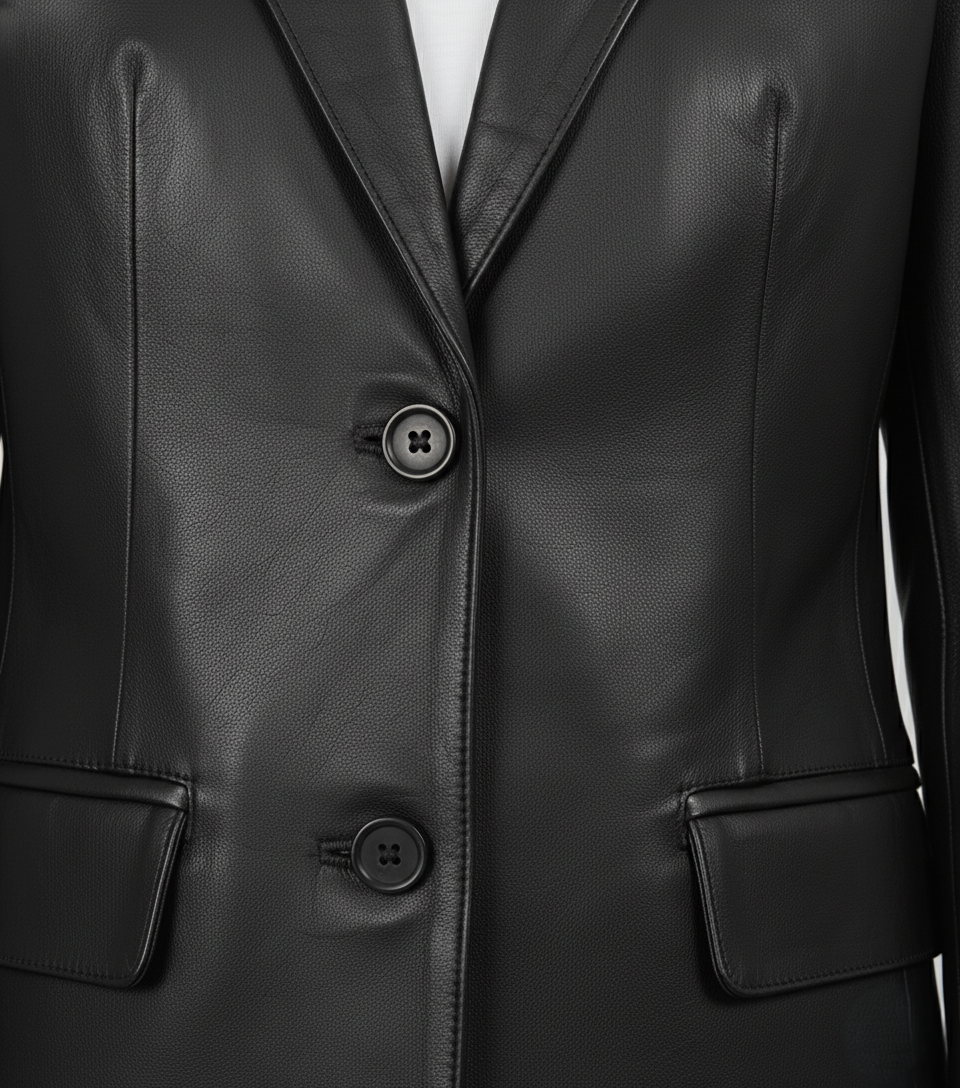 Womens Black Leather Blazer - Collar Detail