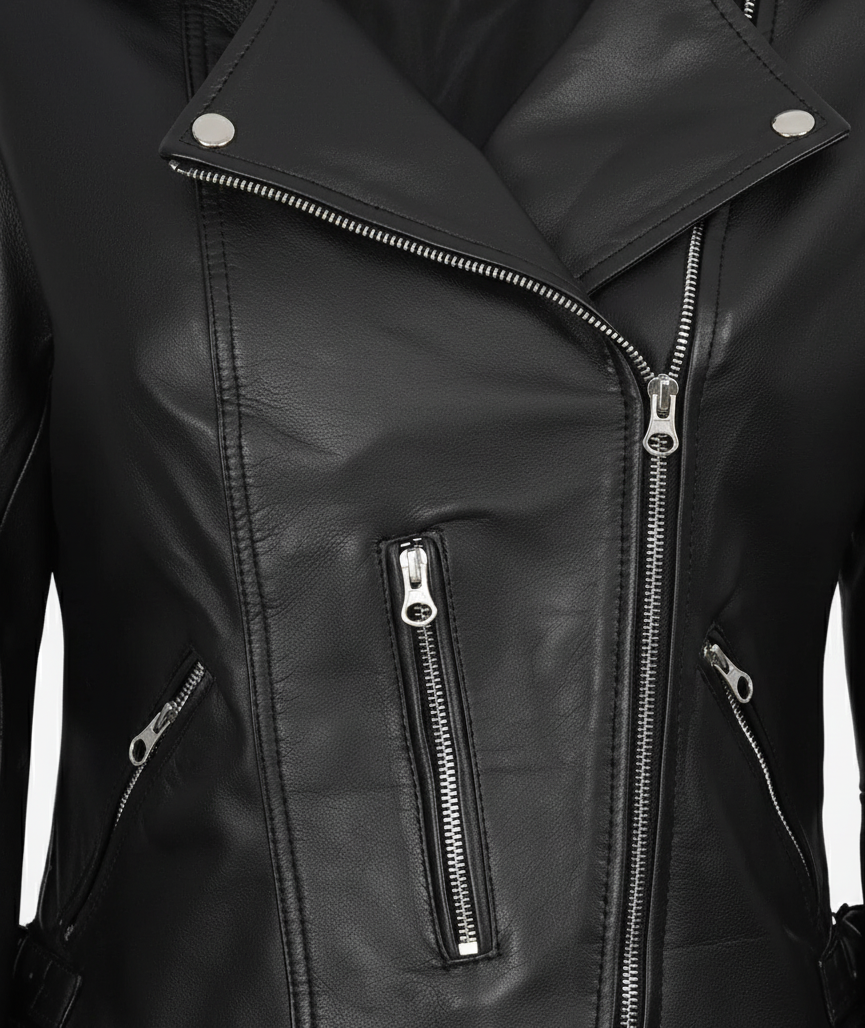 Womens Black Leather Motorbike Jacket Shoulder Padding - Full Look