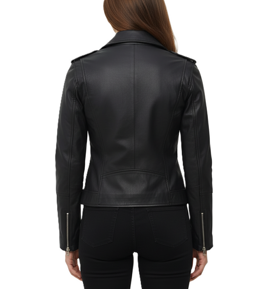 Womens Black Leather Motorcycle Jacket - Back View
