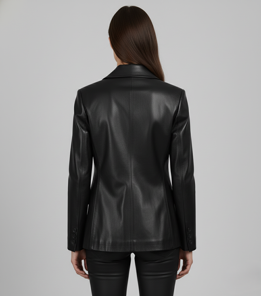 Womens Black Party Wear Leather Coat - Back Look