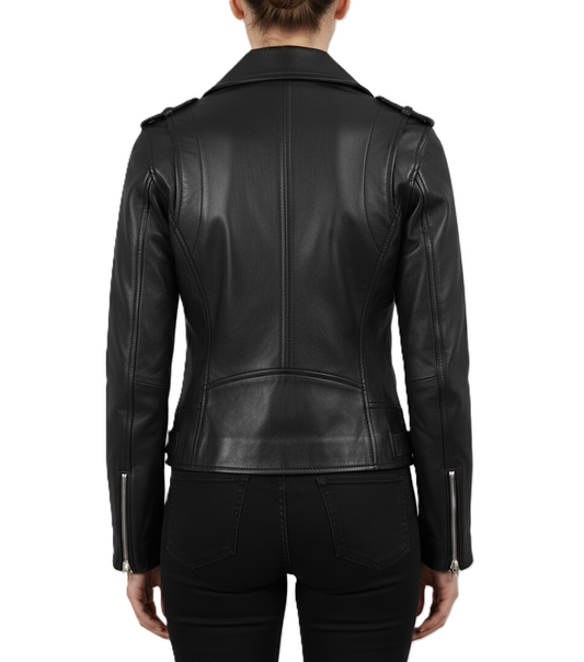 Womens Black Real Leather Biker Jacket - Back View