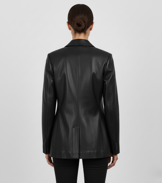 Womens Black Slim Fit Leather Blazer - Back View