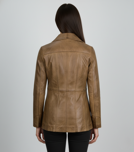 Womens Camel Brown Waxed Leather Blazer - Back Look