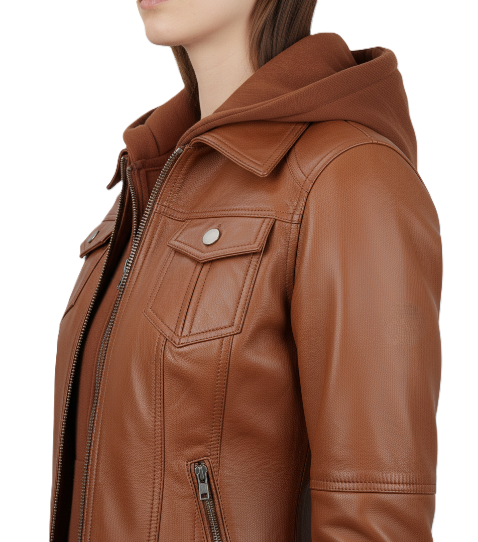 Womens Cognac Brown Hooded Leather Jacket - Full Look