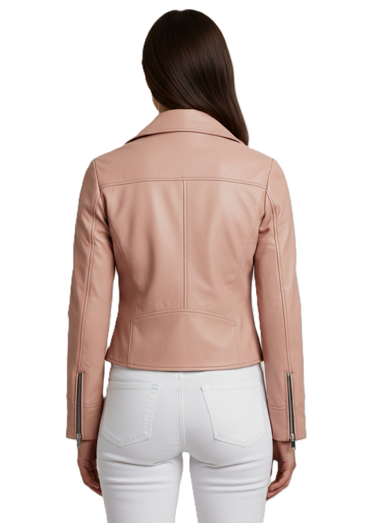 Womens Pink Leather Motorcycle Jacket - Back View