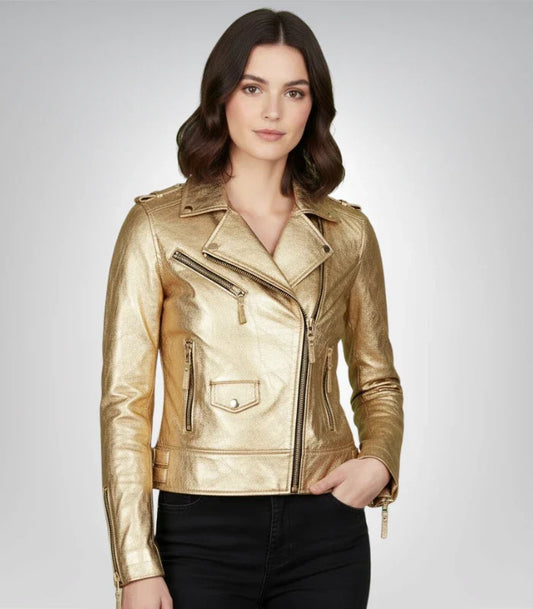 Women’s golden zipper motorcycle leather jacket