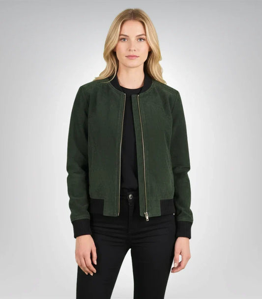 Bliss Green Suede Bomber Jacket