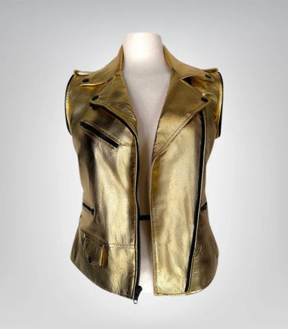 Stylish women’s black leather biker jacket with gold zipper details