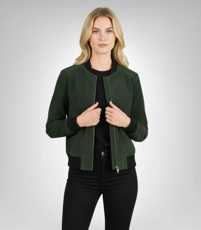 Bliss Green Suede Bomber Jacket